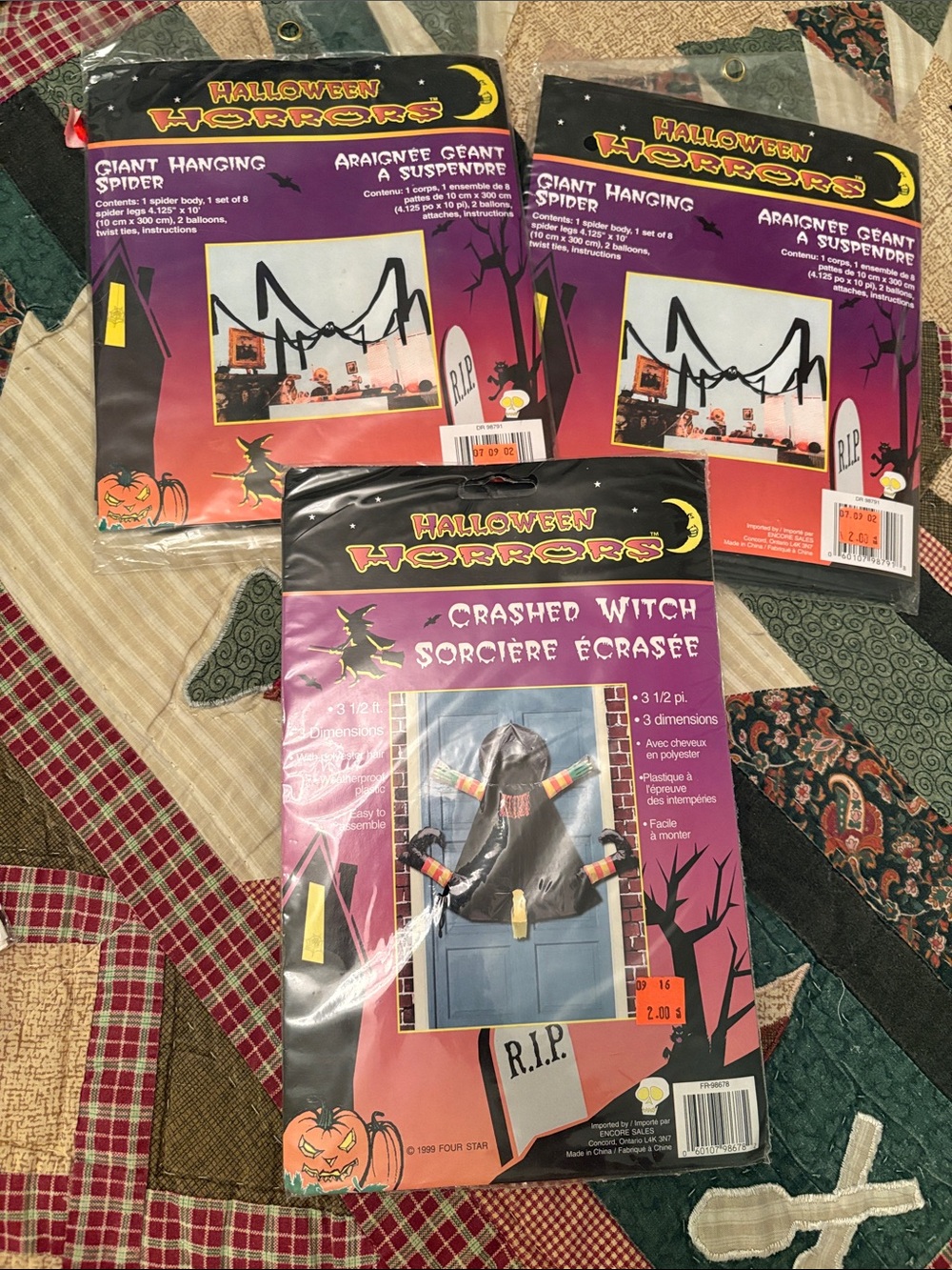 Vintage Halloween Horrors Crashed Witch and 2 Giant Hanging Spiders